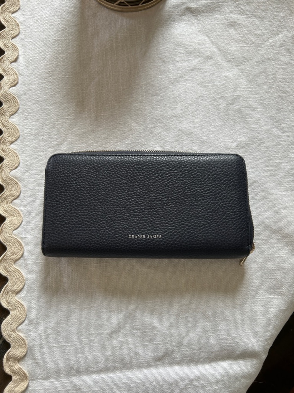 Draper James Dark Navy Blue Pebbled Zip Wallet with Gold Hardware